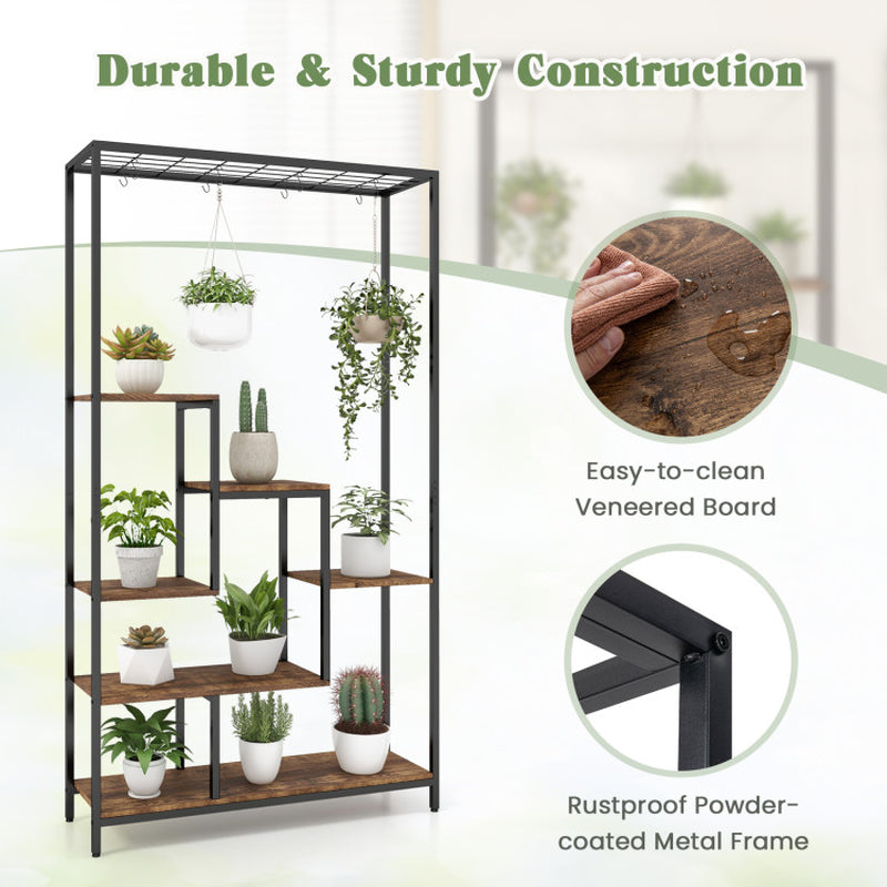 6-Tier Tall Plant Stand 71 Inch Metal Indoor Plant Shelf with 10 Hanging Hooks